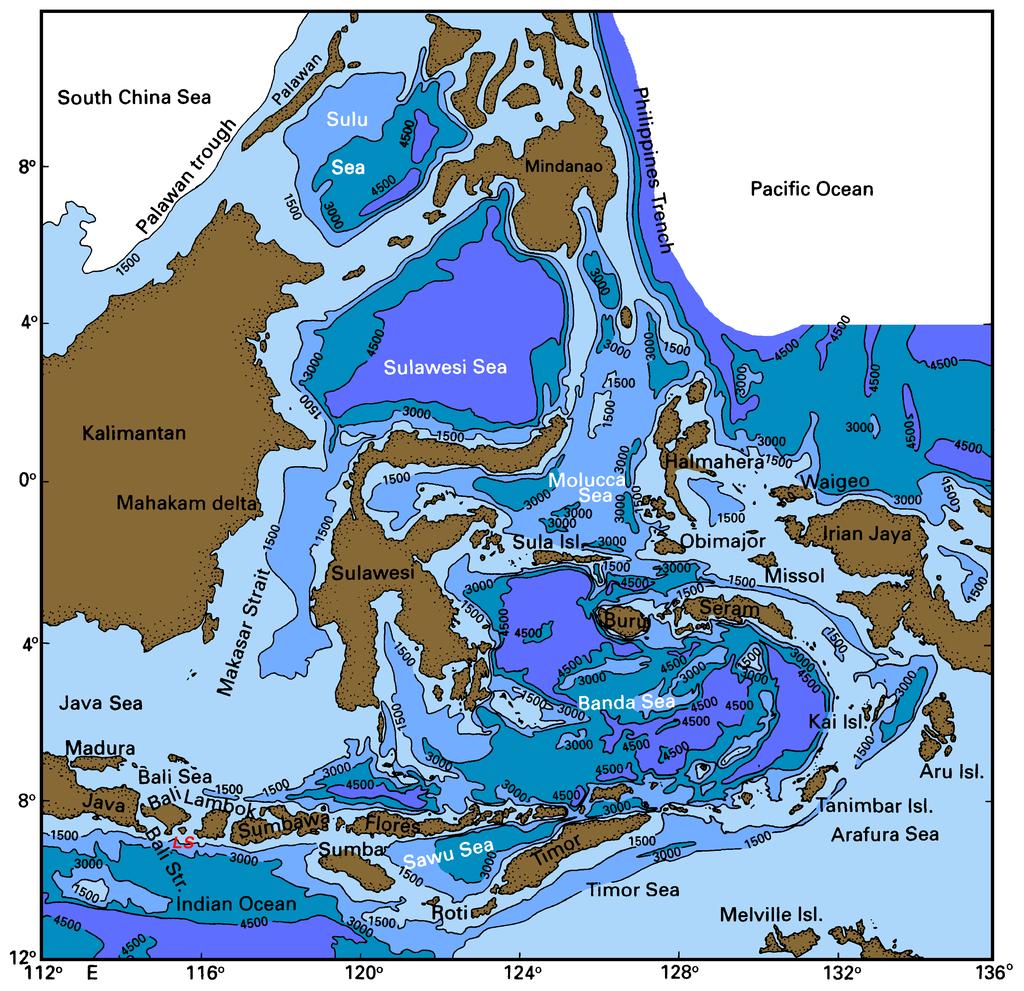 O Fluxo Através-da-Indonésia (Indonesian Throughflow) Batimetria mais complicada do oceano mundial.