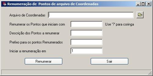 Esta ferramenta permite renumerar os pontos de um arquivo de coordenadas, com extensão.coo. Para isso basta selecionar o arquivo, indicar o prefixo e início da nova numeração e clicar em >Renumerar.