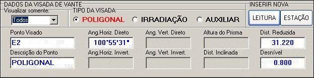 Para inserir uma nova visada a partir do pontos estacionado clique em >Inserir Nova Leitura, para inserir uma nova estação Clique em >Inserir Nova Estação.