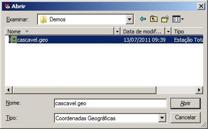 1.7 Geodésia/GPS Esta função tem por objetivo a transformação de coordenadas UTM em geográficas e vice-versa, e também a transformação entre sistemas de referência. 1.7.1 Transformação de Coordenadas Para realizar a transformação, primeiramente selecione o arquivo de poligonal, irradiações, coordenadas ou ASCII em >Abrir Aquivo.