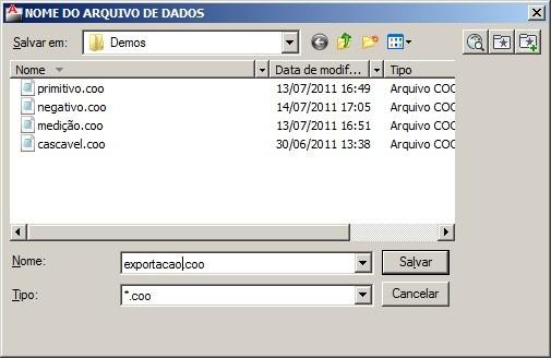 Exportar pontos para arquivo: Esta função tem por objetivo gerar um arquivo de coordenadas com extensão.coo para utilização no módulo de cálculo ou para envio a uma estação total.