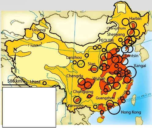 3. O que as áreas mais escuras no mapa da China ao lado estão representando?