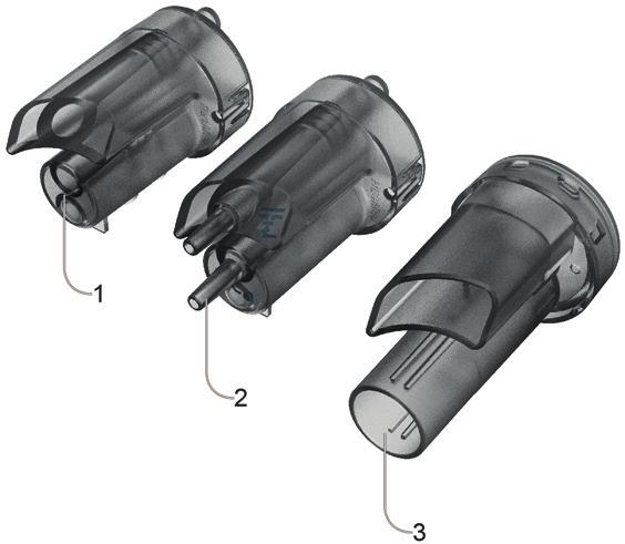 Montagem de circuitos do paciente Existem três adaptadores de circuito: Adaptador 1 Circuito de ramo único com fuga Para utilizar com Circuito de ramo único com fuga intencional 2 Ramo único Circuito