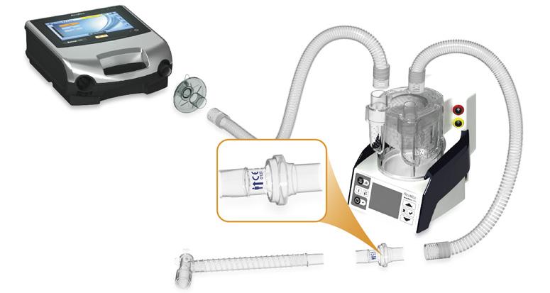 Montagem de circuitos do paciente Ligação de um circuito de ramo único para utilização invasiva PRECAUÇÃO Configure sempre a válvula de fuga ResMed no circuito respiratório com as setas e o símbolo a