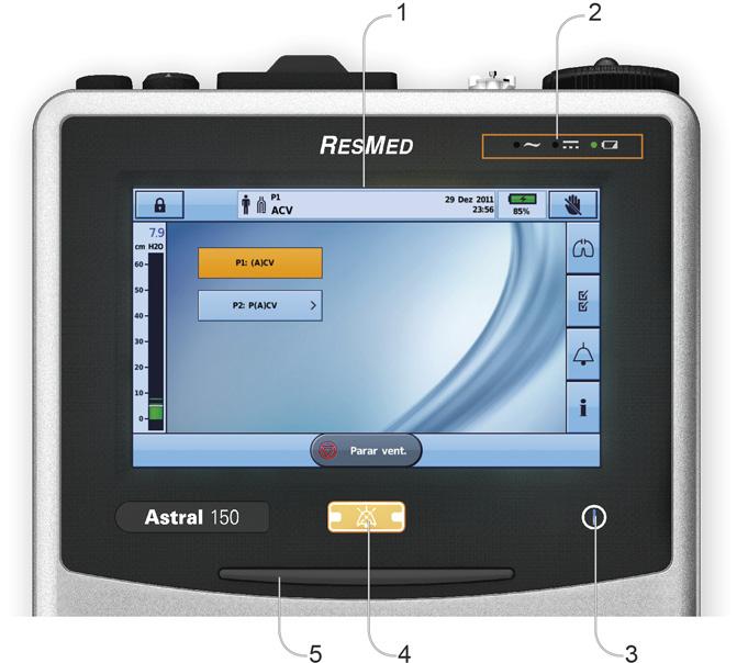 O dispositivo Astral Descrição 6 Conector mini USB 7 Entrada de corrente CC 8 Botão ligar/desligar 9 Conector do sensor de SpO 2 10 Conector de cinco pinos para o alarme remoto Remote Alarm 11