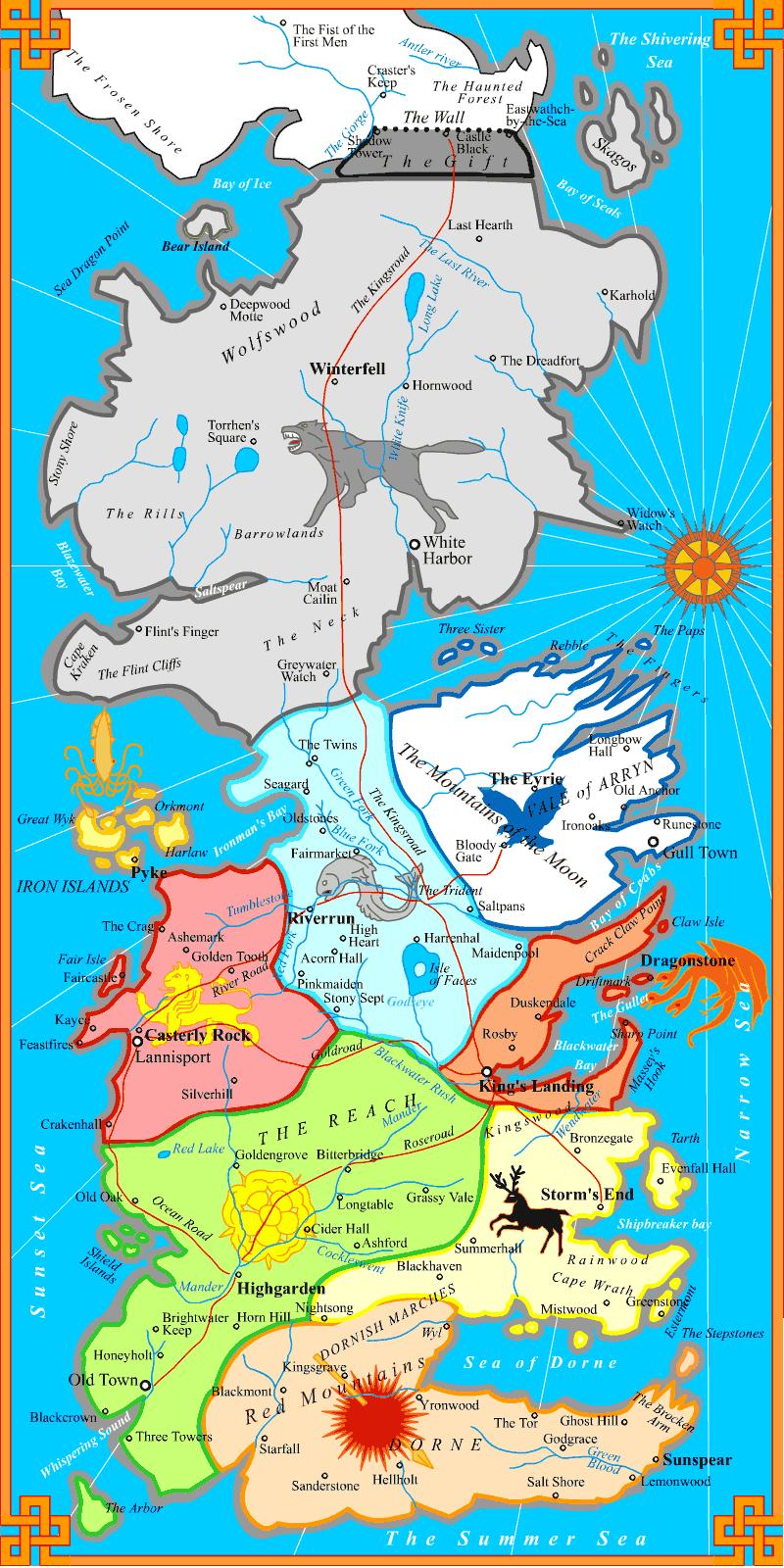 Mapa de Westeros, Estado soberano formado por sete países que já foram, um dia, Estados soberanos com seus próprios reis.