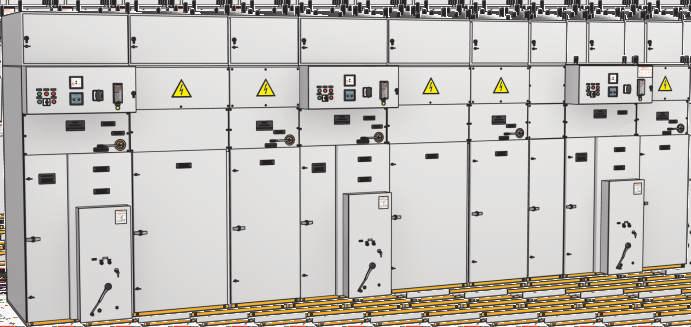 É previsto um módulo com espaço suficiente para abrigar um transformador de potencia nominal de até 300kVA (largura de 1200mm e profundidade de 2000mm), e um outro módulo adjacente dedicado a manobra