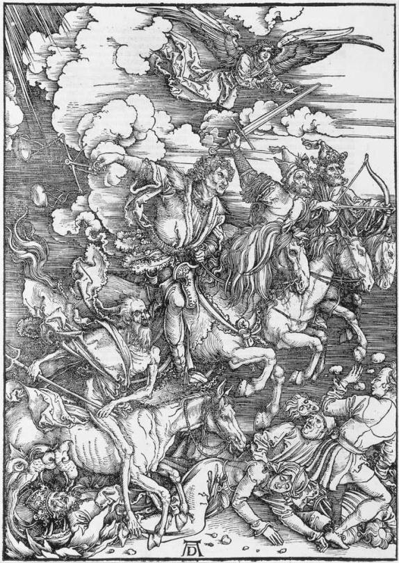 Os 4 cavaleiros do Apocalipse 1498, Albrecht Dürer 1. cavalo branco, arco e flecha = CONQUISTA 2.