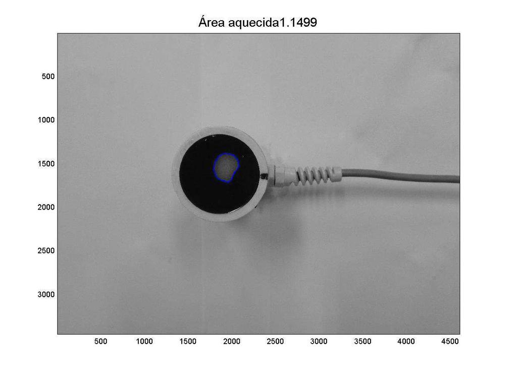 (a) (b) (c) (d) Figura V.10 Exemplo de imagens da área aquecida no equipamento A, em 3 MHz, operador 2, 0,5 W.cm -2 no tempo de 30s, no terceiro dia de medição nas amostras (a)1, (b) 2, (c) 3 e (d) 4.