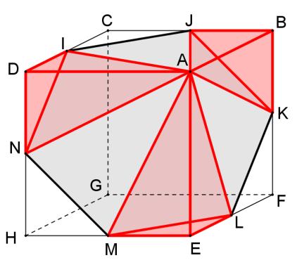 Inicialmente observe que o plano que contém a base dessa pirâmide está dividindo o cubo ao meio. Portanto a pirâmide AIJKLMN está contida em uma das metades do cubo.