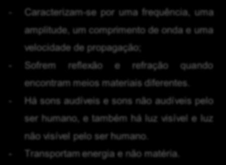 Semelhanças entre a Luz e Som Diferenças entre a Luz e Som - Caracterizam-se por uma frequência, uma amplitude, um comprimento de onda e uma velocidade de propagação; - Sofrem reflexão e refração