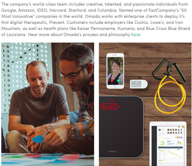 OMADA HEALTH - Empresa pioneira no conceito de terapia digital - Background dos founders e do time excelente e muito variado para desenvolver soluções completamente novas (design thinkers, médicos,