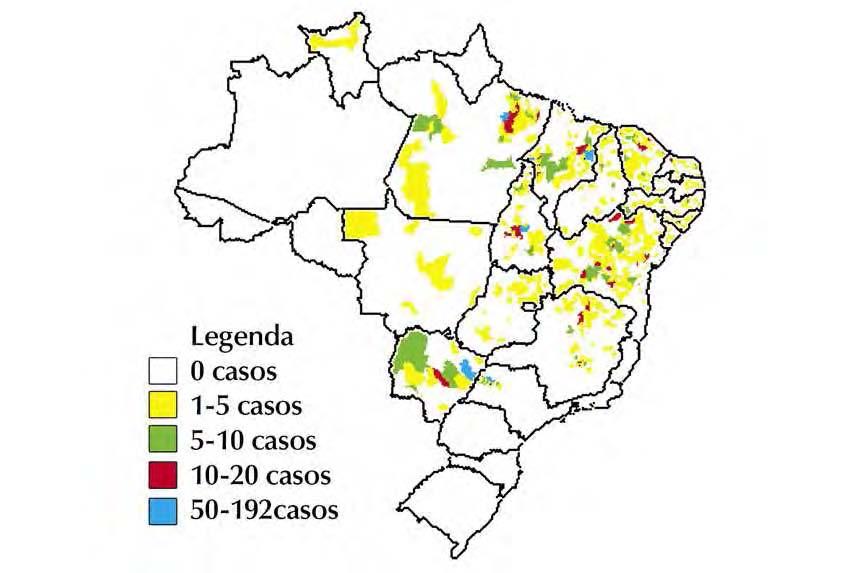 31 Figura 7 - Distribuição de casos autóctones de Leishmaniose Visceral no Brasil em 2002. (Fonte: Ministério da Saúde, 2003).