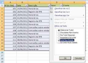 Para isso, primeiro clique em qualquer uma das células (que possuam dados) da tabela que você pretende filtrar, e para ativar os filtros, clique em Classificar e Filtrar -> Filtro, conforme mostra a