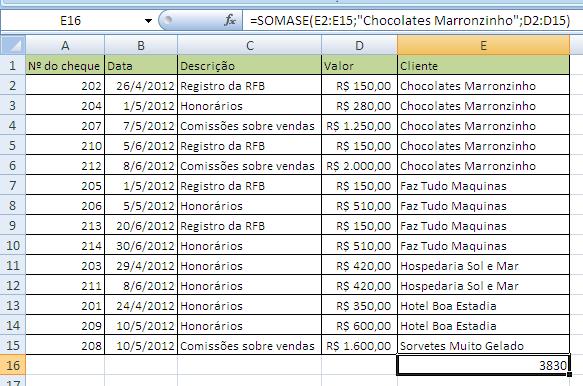 SES(D2:D15;">=500";E2:E15;"Faz Tudo Maquinas") 7.3.4. SOMASE Soma os valores em um intervalo que atendem aos critérios que você especificar.