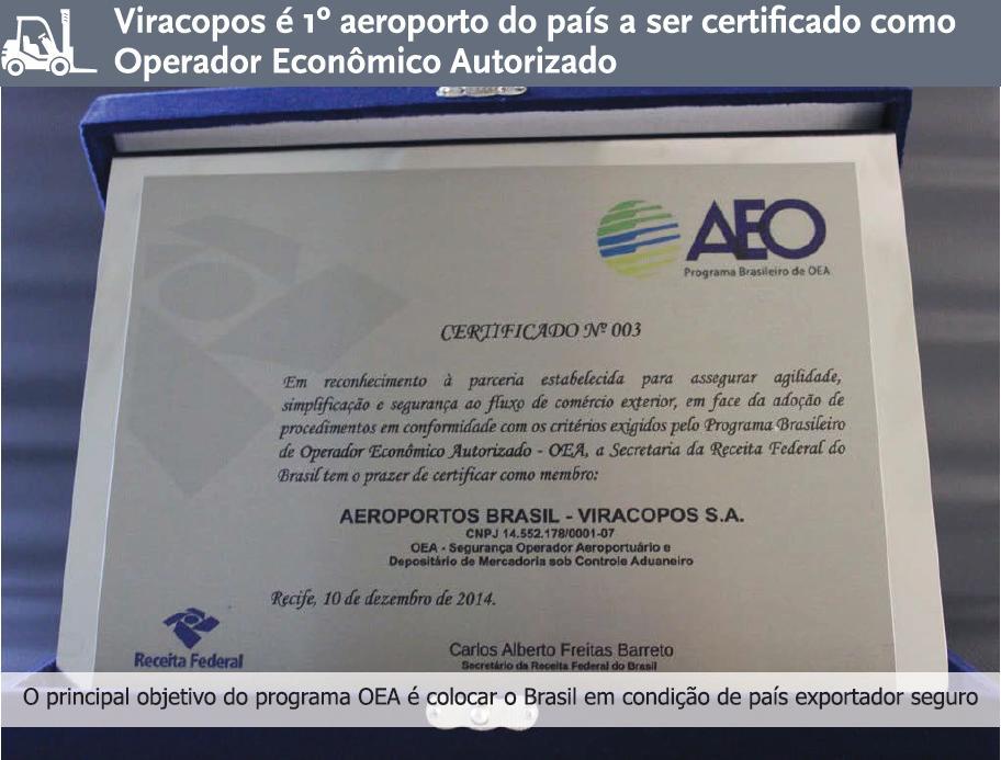 Operador Econômico Autorizado Certificado emitido pela WCO World Customs Organization, em 10/12/2014 Essa certificação, assinada pela RFB, coloca Viracopos em um patamar de Aeroporto Seguro perante
