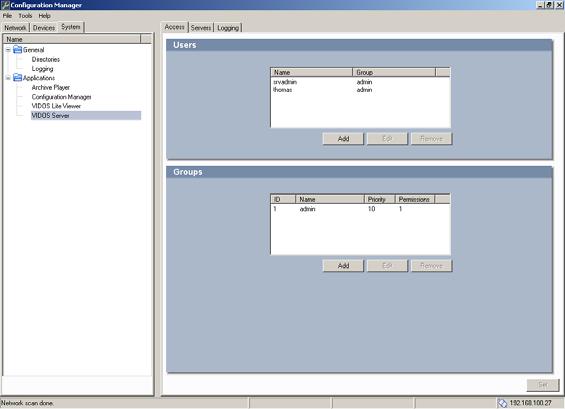 Manual de Instalação e Operação VIDOS Server PT 13 Administração de utilizadores 4 No Configuration Manager, abra o separador Access (Acesso), tal como descrito na na página 11.