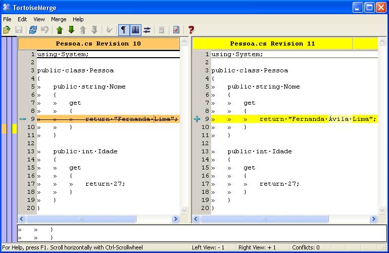 Revisão 0 Pág. 29/31 Aplicando o merge no repositório temos o seguinte resultado no arquivo Pessoa.cs.