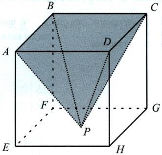 5. Na figura, podes ver um cubo e, sombreada a cinzento, uma pirâmide quadrangular regular. A base da pirâmide coincide com a face [ABCD] do cubo.