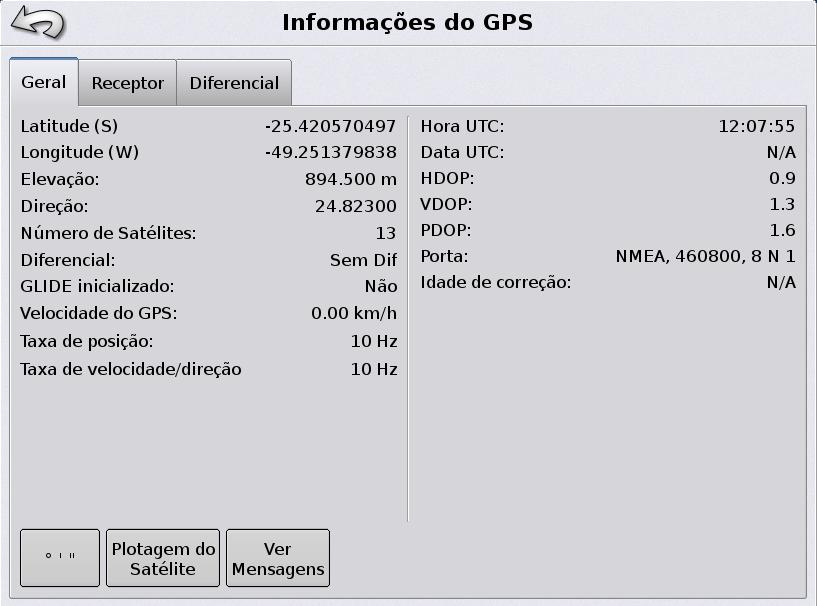 Informações de GPS Na aba Geral, podem ser visualizadas informações como: Posição Número de satélites visualizados DOP s Na parte