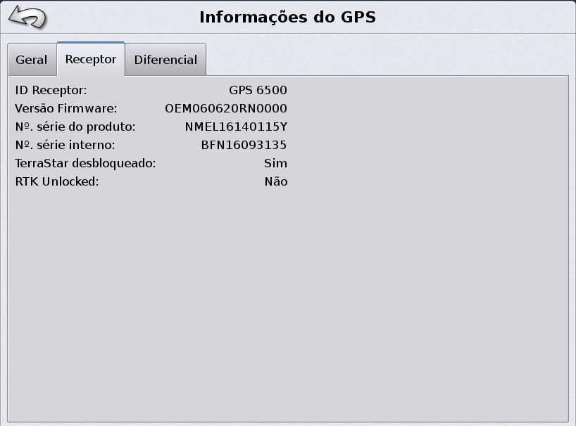 Informações de GPS Voltando para a tela inicial Informações de GPS e clicando na aba Receptor algumas informações importantes são mostradas: Número de série Número de série interno