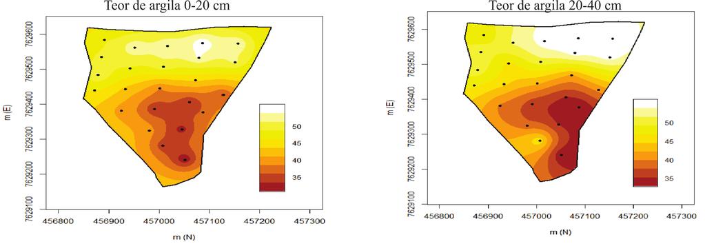 densidade do solo (cor amarela) coincidem com as de menores valores de resistência do solo à penetração (cor verde escuro e verde), discordando do observado por Assis et al. (2009).