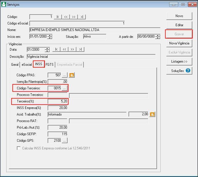 Solução 2: 1 CONFIGURAÇÃO DO CADASTRO DO SERVIÇO 1.1 Acesse o menu ARQUIVO clique em SERVIÇO; 1.1.1 Na guia INSS, no campo TERCEIROS(%), o sistema irá preencher automaticamente quando no campo CÓDIGO TERCEIROS for selecionada a opção no botão ao lado [.