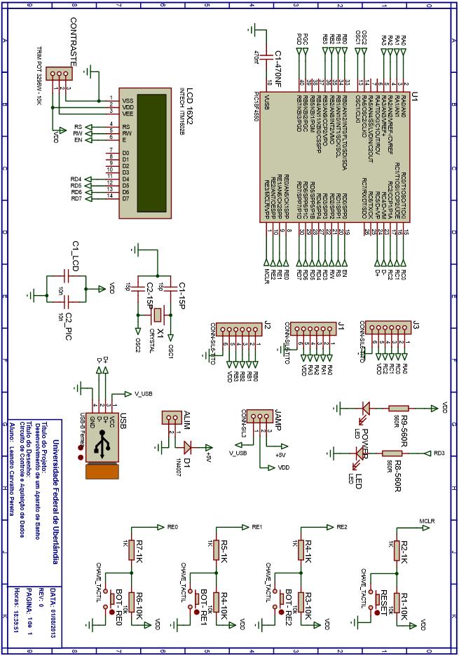 Figura 7: Circuito do sistema de controle projetado As portas D4 a D7 fazem a comunicação de 4 bits com o mostrador LCD ITM 16x2 (2 linhas e 16 caracteres) e as portas D0, D1 e D2 são as saídas dos