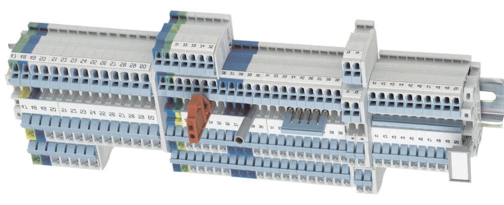 Conectores ALPHA FIX Para fixação em trilho de mm ( IEC 7) Conexão rápida 8WH Conector Terra/PE condutores Conector andares Conector Terra/PE condutores Meia tampa final Conector padrão condutores