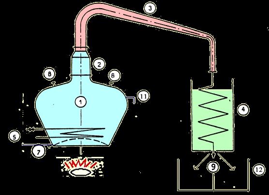2.2. PRÁTICA (Processos) (a) Destilação Intermitente Simples a1) Alambique simples 1. Cucurbita ou Caldeira 2. Capitel, Domo ou Elmo 3. Alonga ou Tubo de Condensação 4.