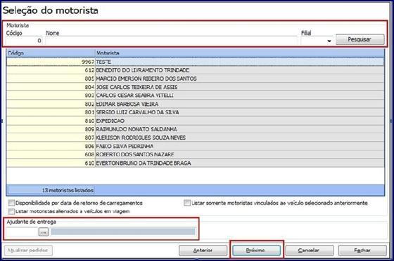 4.7 Selecione o motorista e o ajudante na tela Seleção do motorista e