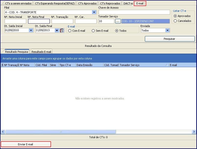 Aba E-mail: envia e-mail ao cliente com as informações do CT-e, somente quando este estiver sido aprovado pela SEFAZ. Informe os dados em seus respectivos campos e clique o botão Enviar E-mail. 7.