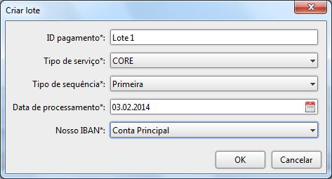 0 FICHEIRO DE DÉBITOS DIRETOS CRIAR LOTE [] Atribua um nome ao ficheiro ( ID da mensagem ) e no campo ID adicional da empresa introduza o NIF. De seguida prima o botão de novo lote.