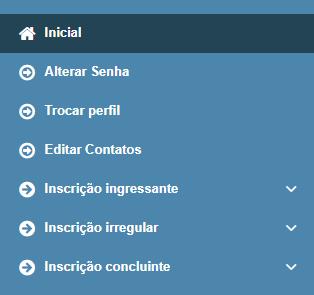 Menu Lateral Exibe as opções para inscrição de estudantes Voltar para a tela inicial Alterar a senha de acesso Acessar o perfil de outro código e-mec Editar o e-mail de contato