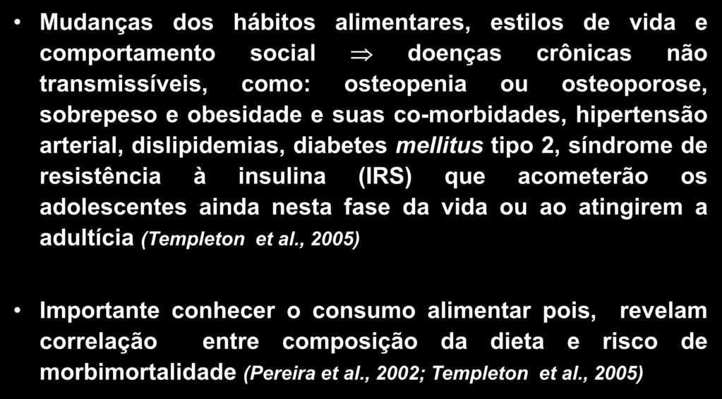 Ingestão de cálcio e a sua relação com a prevalência de sobrepeso e obesidade em adolescentes Mudanças dos hábitos alimentares, estilos de vida e comportamento social doenças crônicas não