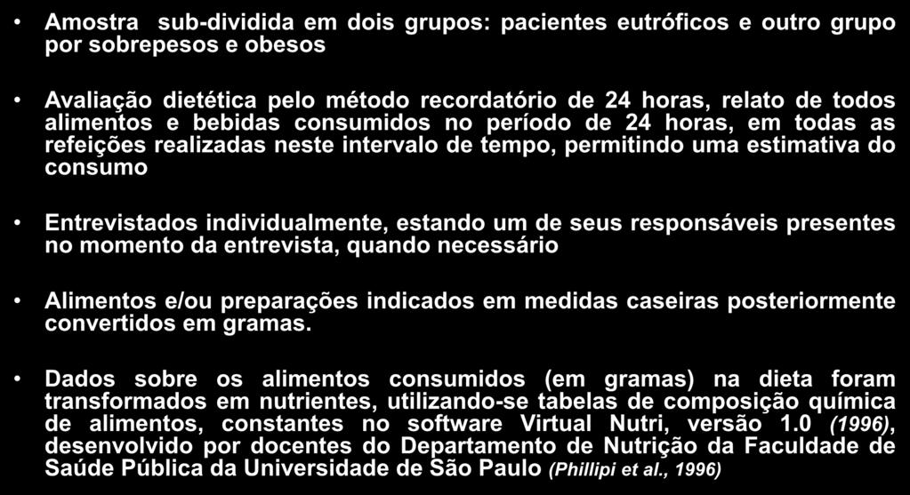 Ingestão de cálcio e a sua relação com a prevalência de sobrepeso e obesidade em adolescentes CASUÍSTICA E MÉTODOS Amostra sub-dividida em dois grupos: pacientes eutróficos e outro grupo por