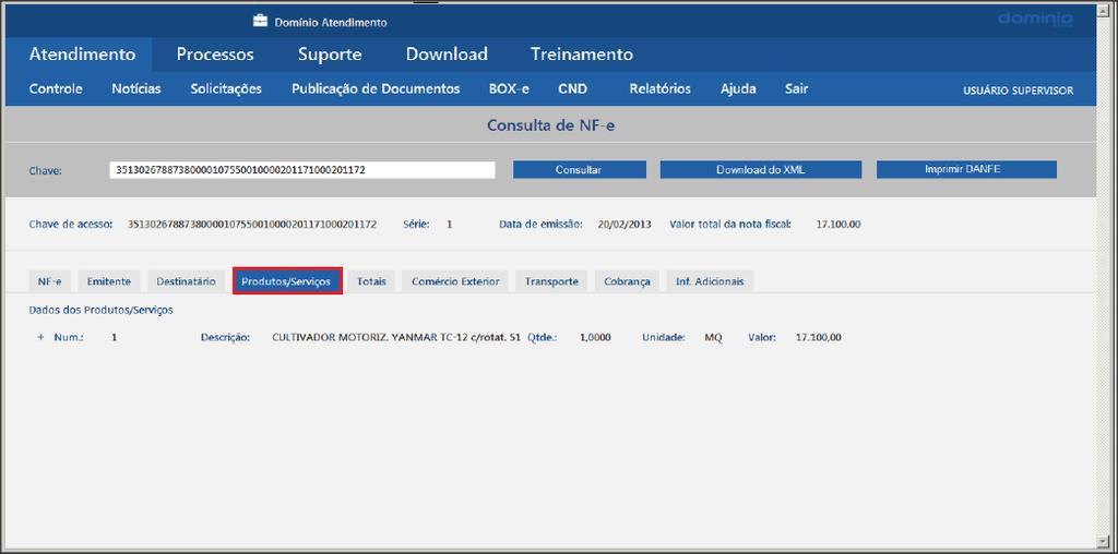 3.5- Na guia PRODUTOS/SERVIÇOS, serão demonstrados os Produtos/Serviços da Nota Fiscal Eletrônica.