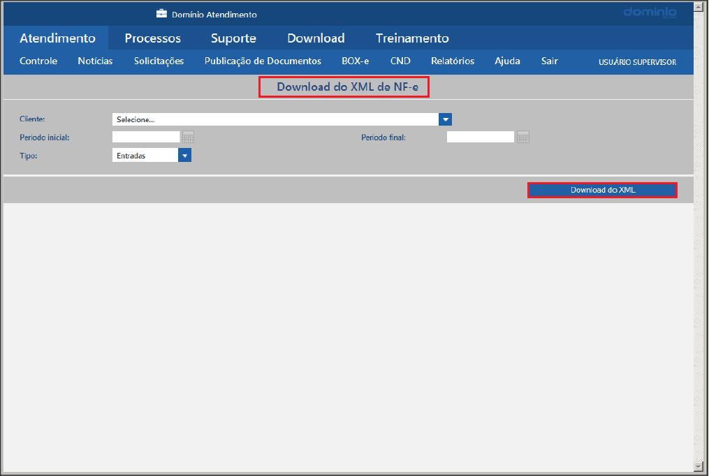 4- DOWNLOAD DO XML DE NF-E: 4.1- No menu BOX-e, selecione a opção DOWNLOAD DO XML DE NF-e, para abrir a janela Download do XML de NF-e, conforme a figura a seguir: 4.1.1- No campo Cliente, selecione o cliente correspondente; 4.