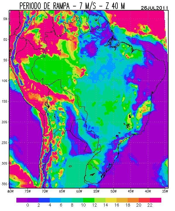 83 4.2.1 Evento do dia 26 de Julho de 2011 Na Fig. 4.5 é apresentado o período de rampa para o nível de 40m e limiares de 7ms -1 e 10ms -1. Conforme ilustrado na Fig. 4.5a, as regiões da costa do