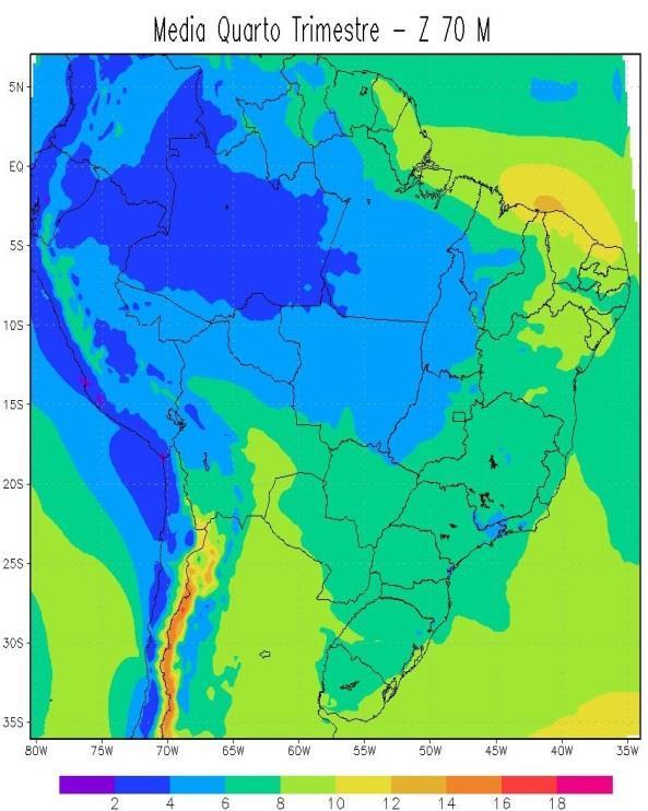 As intensidades médias sobre essas regiões estão entre 8ms -1 e 10ms -1. Há, entretanto uma pequena região sobre o estado do RN que apresenta intensidades de até 12ms -1.