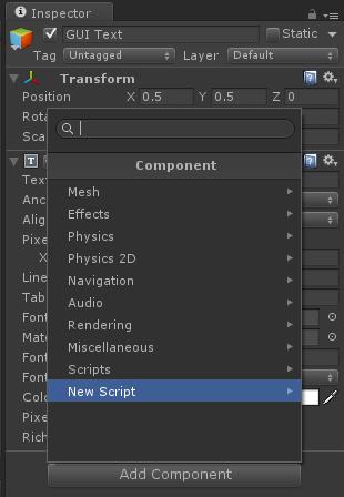 Botões - Script 12 Para GUI Text: 1) Clique em Add Component > New Script, renomeie o novo script.