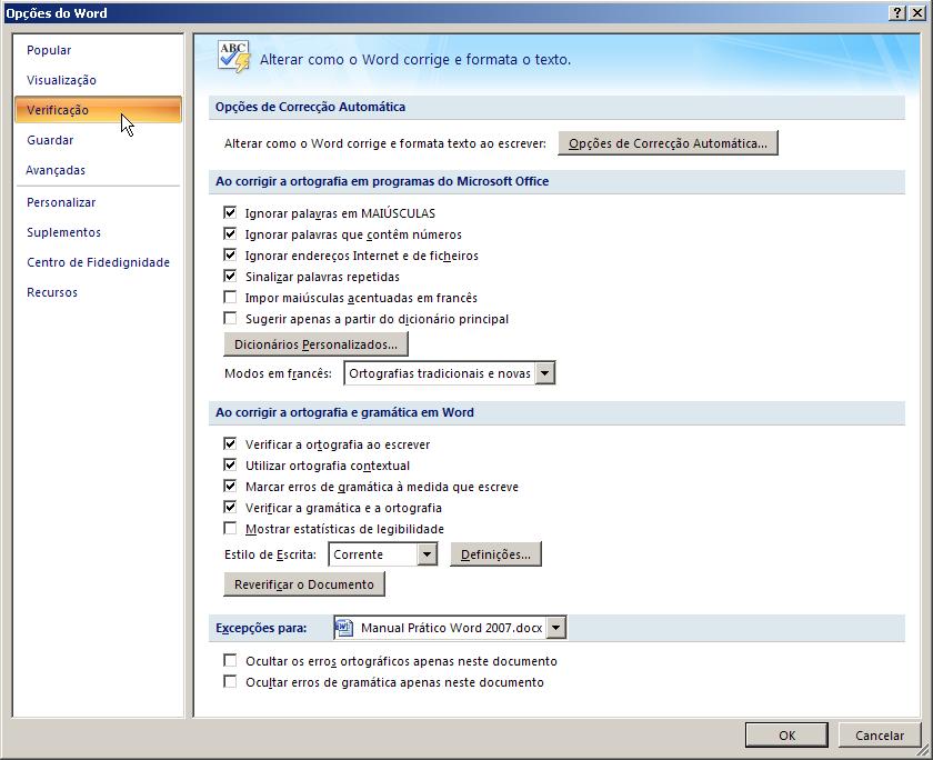 Opções do Word - Guardar Outro conjunto de opções importante é Guardar.