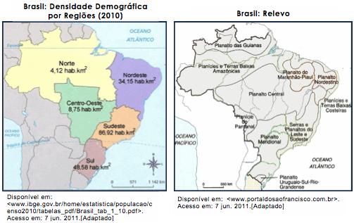 No decorrer da aula, a exposição sobre a dinâmica da população brasileira e a leitura dos mapas referentes à densidade demográfica e ao relevo do Brasil por regiões permitiu ao aluno concluir que a)