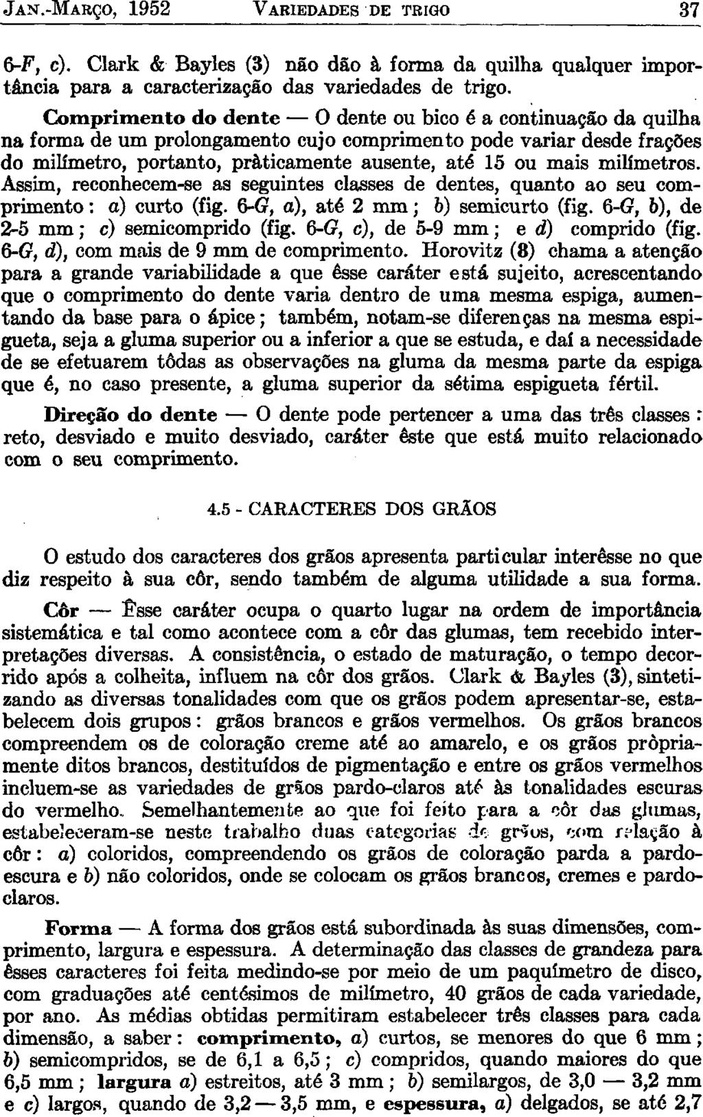 JAN.-MARÇO, 1952 VARIEDADES DE TRIGO 37 6-F, c). Clark & Bayles (3) não dão à forma da quilha qualquer importância para a caracterização das variedades de trigo.