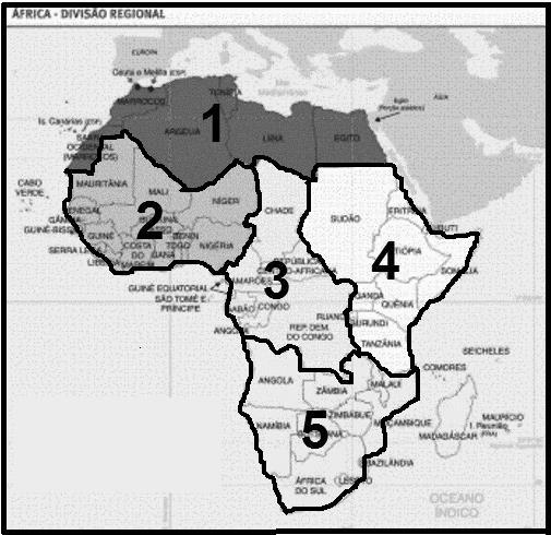 LISTA DE EXERCÍCIOS PARA ENTREGAR Observe o mapa da regionalização africana. Sobre ele, responda aos exercícios 1, 2, 3, 4, e 5: 01. Identifique a região 1.