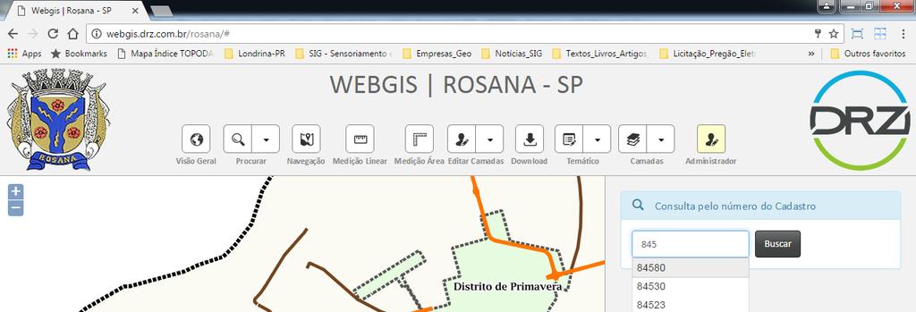 Para consultar as informações do mapa, acesse o sistema WebGIS e no menu,, e clique em.