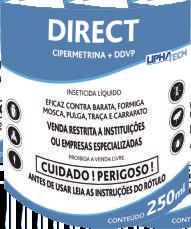 DIRECT (Cipermetrina 25% CE + Diclorvós 30%) é uma mistura pronta de inse cidas com ação de choque e residual, indicado para controle de baratas, formigas, moscas, traças, pulgas e carrapatos.