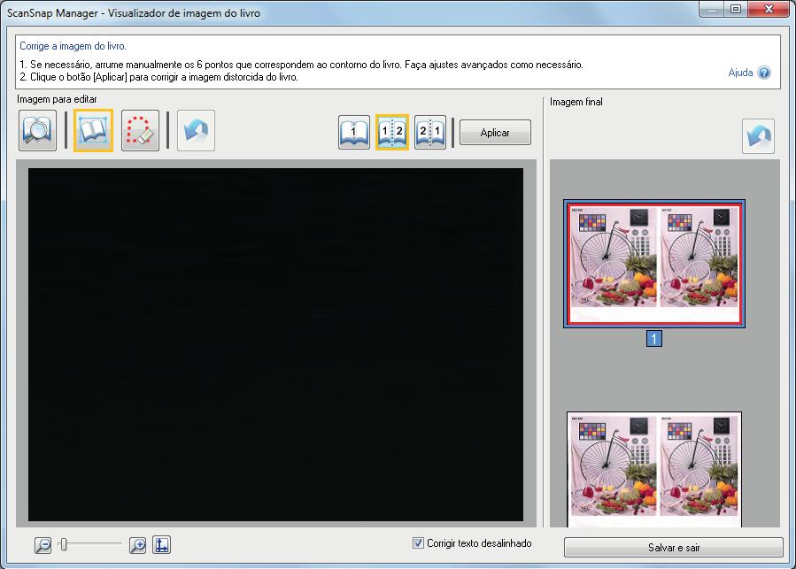 Digitalizando os livros a A janela [ScanSnap Manager - Visualizador de imagem do livro] será exibida. 2. Selecione a página para dividir em [Imagem final]. 3. Clique em, depois clique em ou.