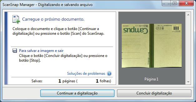 Digitalizando um livro a Quando a digitalização do livro for concluída, a janela [ScanSnap Manager - Digitalizando e salvando arquivo] exibirá o status de espera.