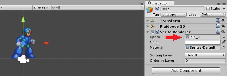 12. Selecione o objeto Hero na janela Inspector e defina a imagem idle_0 como valor da propriedade Sprite do componente Sprite Renderer.